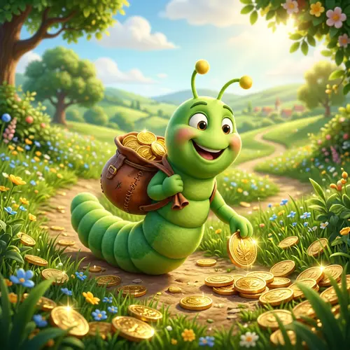 Cheerful 3D Worm Collecting Golden Coins