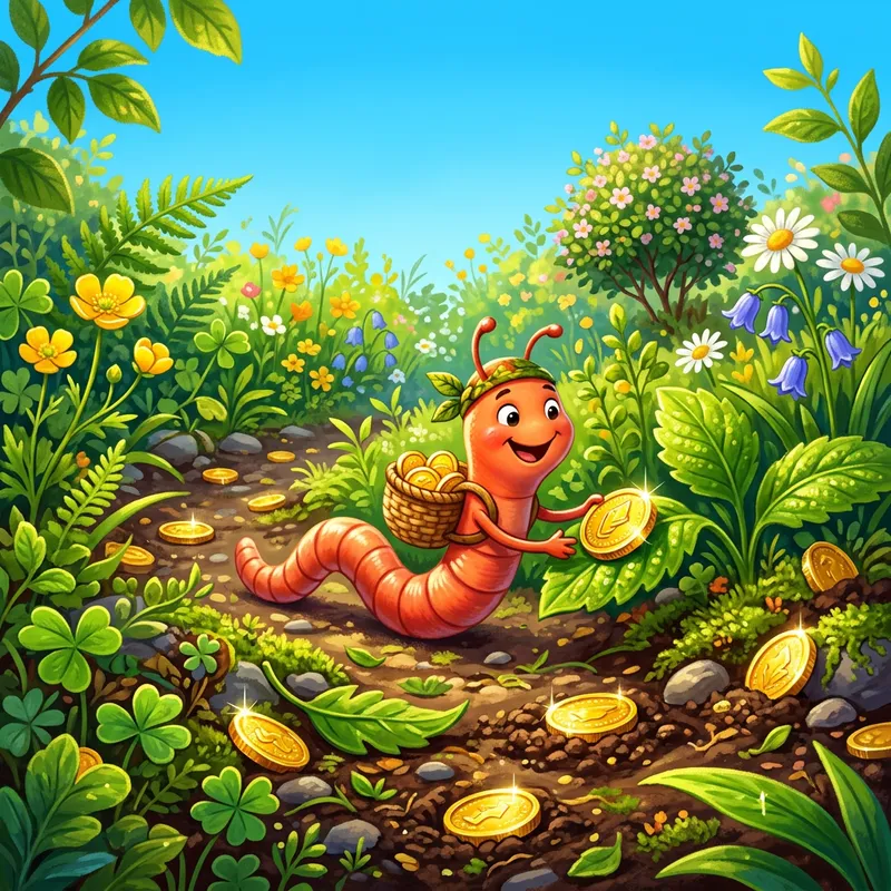 Cheerful Worm Collecting Coins in a Lush Scene Cheerful Worm Collecting Coins in a Lush Scene
