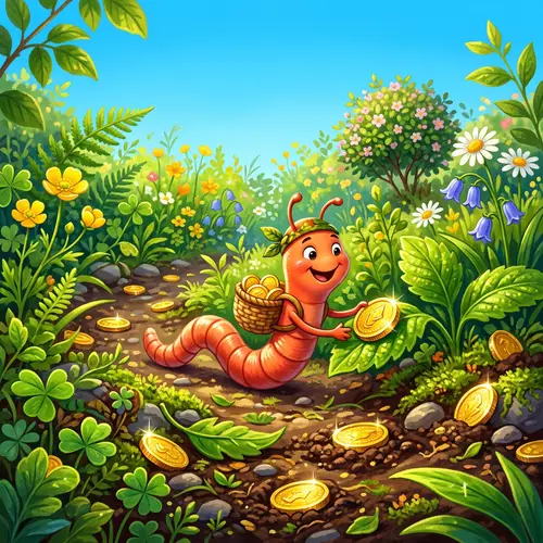 Cheerful Worm Collecting Coins in a Lush Scene