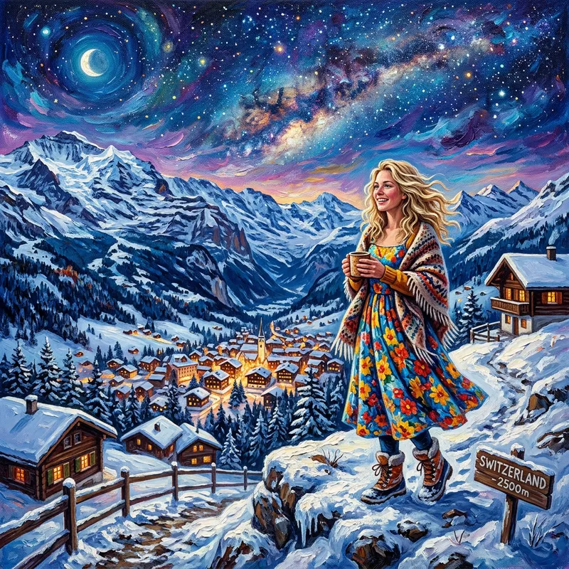 Blonde Beauty in Summer Dress on Swiss Mountain