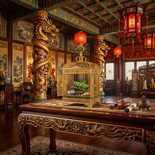 Golden Cage with Cricket in Chinese Palace