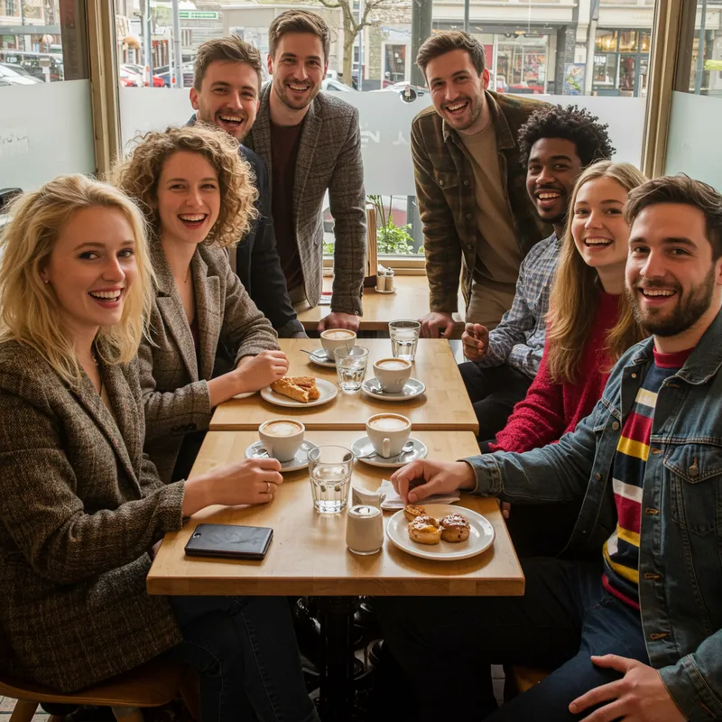 7 Friends Enjoying Laughter at a Cafe