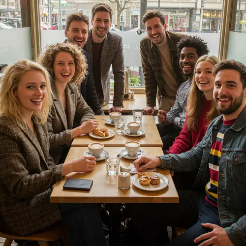 7 Friends Enjoying Laughter at a Cafe