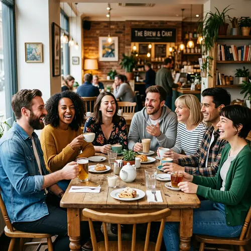 7 Friends Enjoying Laughter at a Cafe