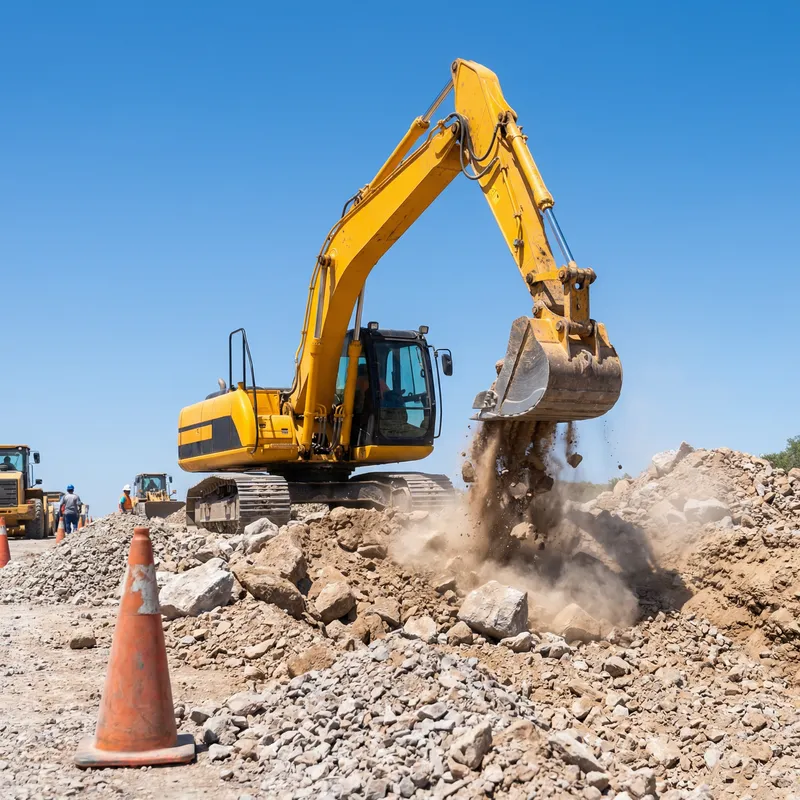 Powerful Excavator in Road Construction Scene