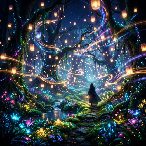 Mystical Forest of Floating Lanterns and Glowing Flowers