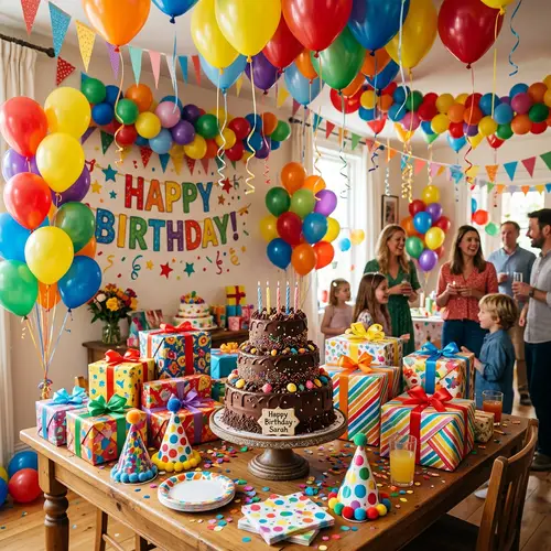 Colorful Birthday Celebration with Cake and Balloons