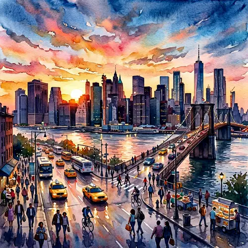 Watercolor Sunrise Over a Bustling City