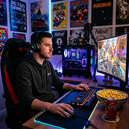 High-Speed Action-Packed Gamer: Engrossed in Intense Battle