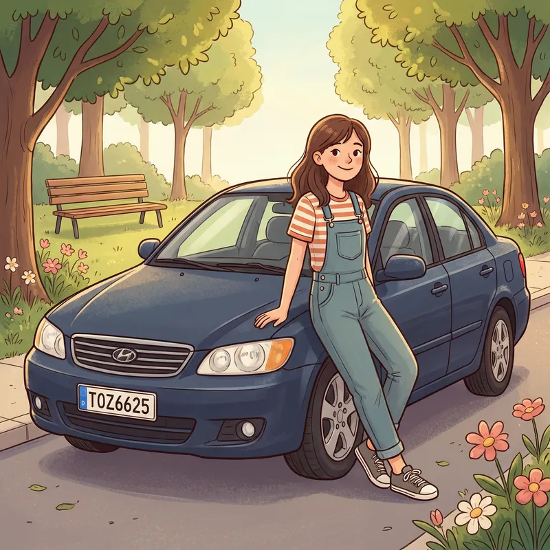 Detailed Clipart: Girl Leaning on Dark Blue Sedan Car | TOZ6625 Plate Number