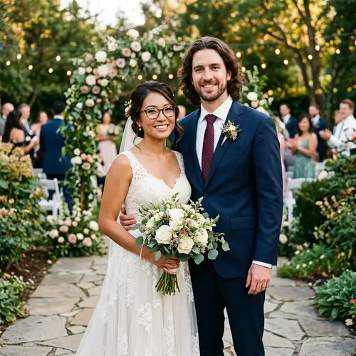Asian Descent Newlywed Couple Standing Together | Wedding Photo