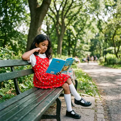 Young South Asian Girl Reading Book on Green Park Bench