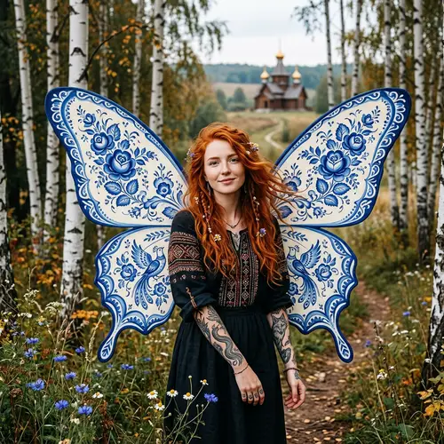 Russian Inspired Butterfly Woman: Intricate Tattoos & Gzhel Wings