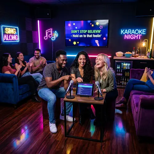 Vibrant Karaoke Room with Neon Lights and Animated Lyrics