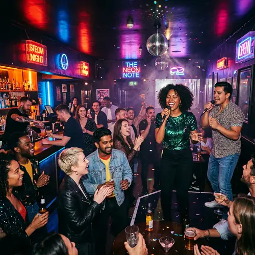 Vibrant Karaoke Club Experience: Neon Lights & Diverse Performers