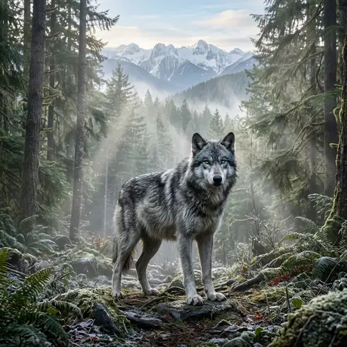 Lone Wolf in Forest Wilderness with Icy Blue Eyes