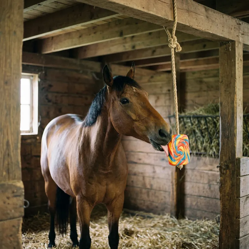 Horse Licking Sweet Candy in Stable