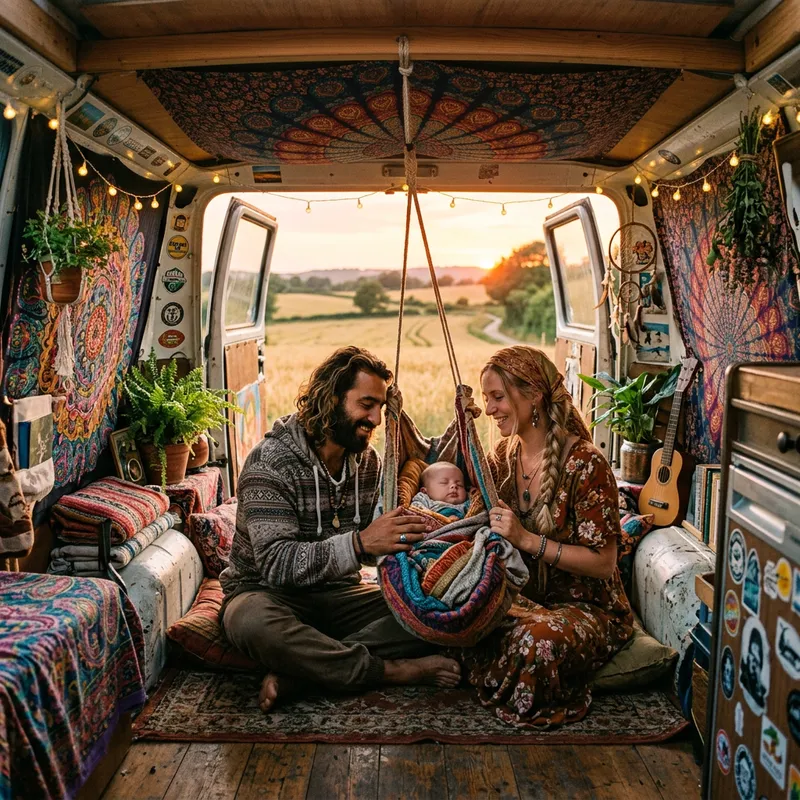 Bohemian Hippie Family with Baby in Colorful Van