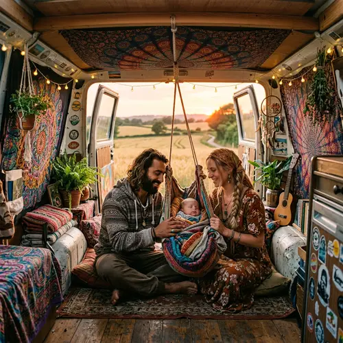 Bohemian Hippie Family Living in Colorful Van | Sunset Field Scene