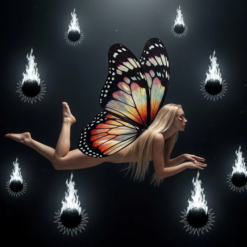 Beautiful Woman with Butterfly Wings in Flight
