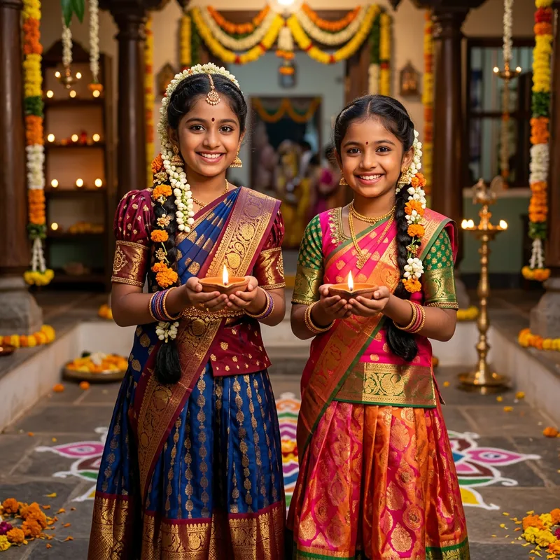 Joyful Tamil Girls in Vibrant Pattu Pavadai with Diya Offerings