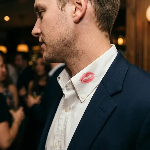 Red Lip Kiss on Men's Collar - Unique Fashion Detail