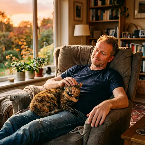 Tranquil Scene: Man Enjoying Peaceful Moment with Cat on Plush Armchair