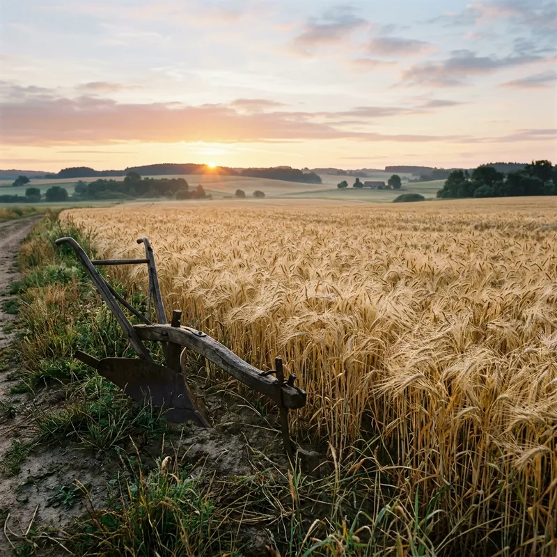 Plow and Wheat Stalks: Golden Morning Agriculture Scene Plow and Wheat Stalks: Golden Morning Agriculture Scene