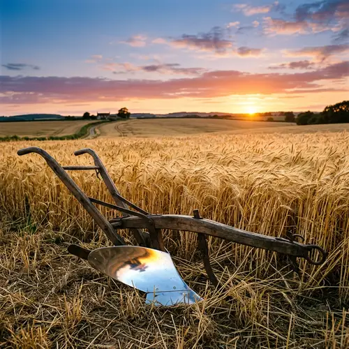 Vintage Wooden Plow in Golden Wheat Field | Harvest Season Beauty