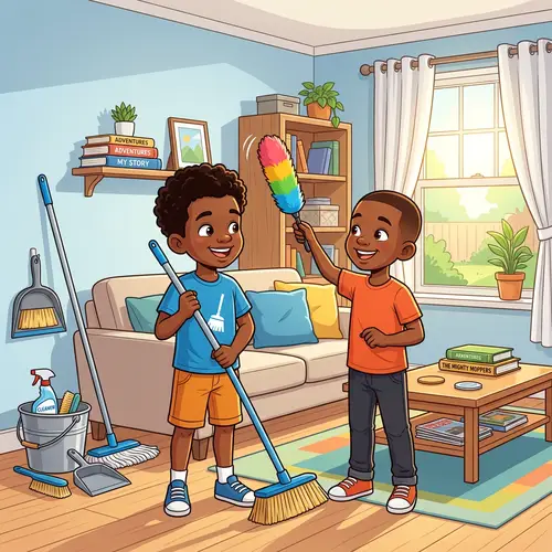 Cheerful Cleaning: Young Boys in a Tidy Room