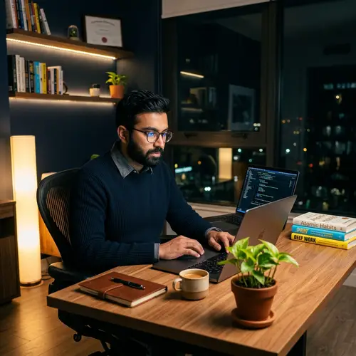 Professional South Asian Solopreneur Working Late at Modern Home Office