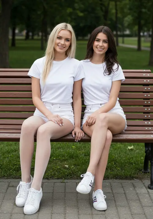 Stunning Blonde & Brunette Duo in Pristine White Attire