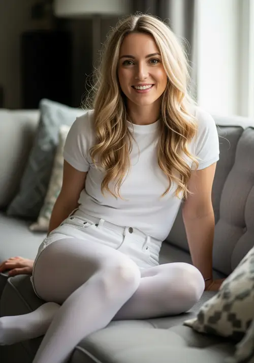 Stunning Blonde in White Outfit on Sofa
