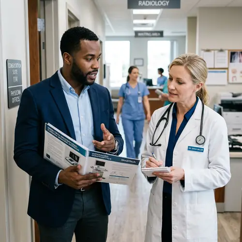 Professional Black Sales Rep Discussion with Doctor