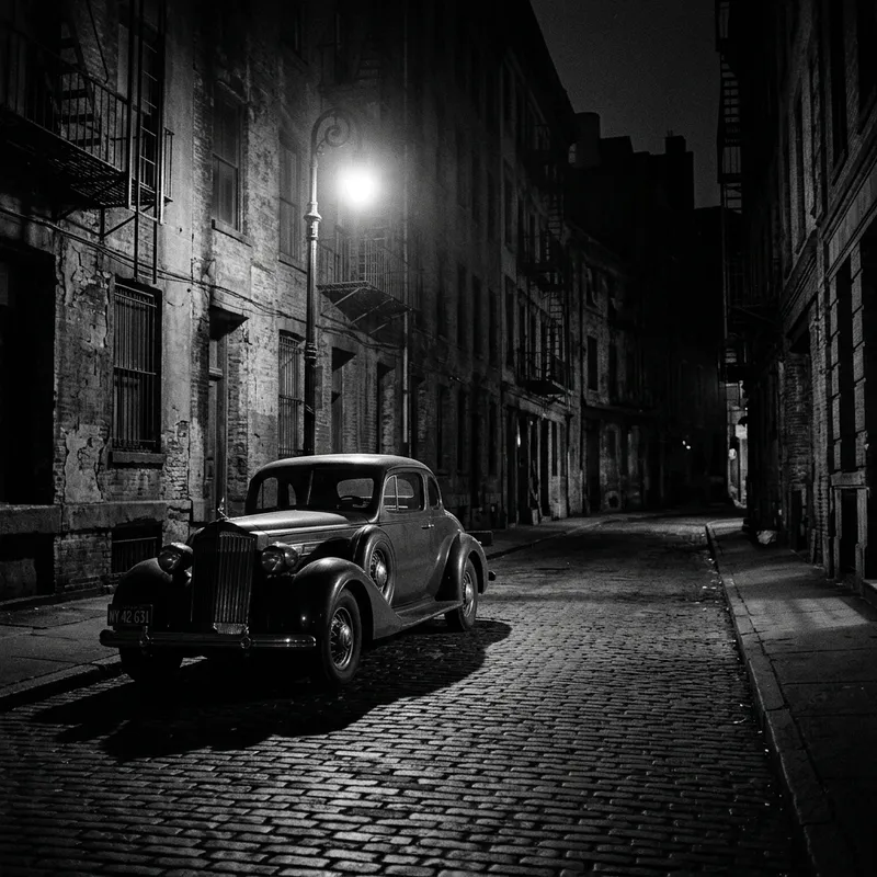 Vintage Car: Night Noir Mystery in Nostalgic Setting