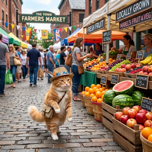 Adorable Cat in Stylish Hat Buying Fresh Fruits
