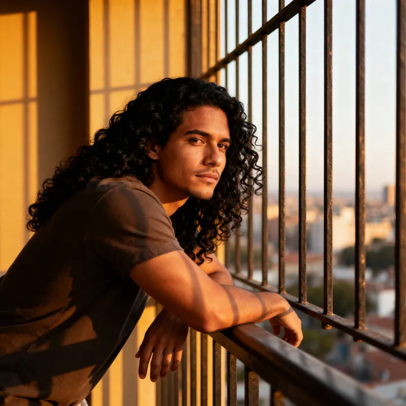 Latino Male on Balcony: Curly Hair & Caramel Skin
