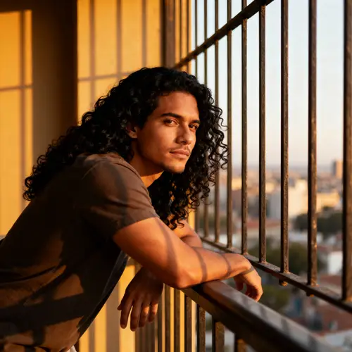 Latino Male on Balcony: Curly Hair & Caramel Skin