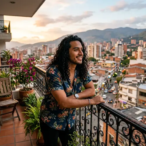 Latino Male on Balcony: Curly Hair & Caramel Skin