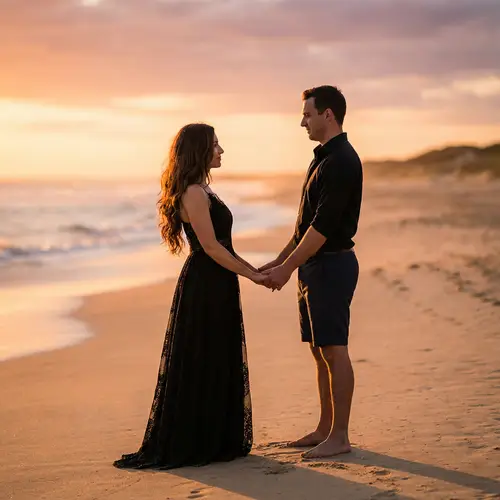 Elegant Couple at Sunset Beach: A Captivating Scene
