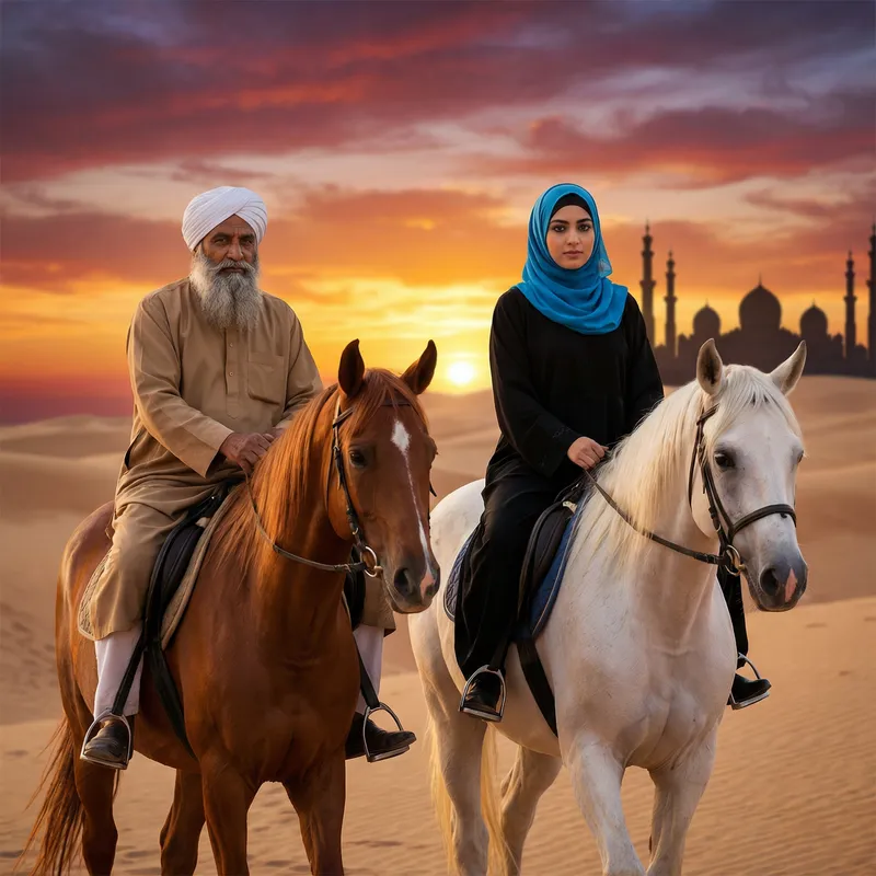 Islamic Figures Riding Horses at Dusk