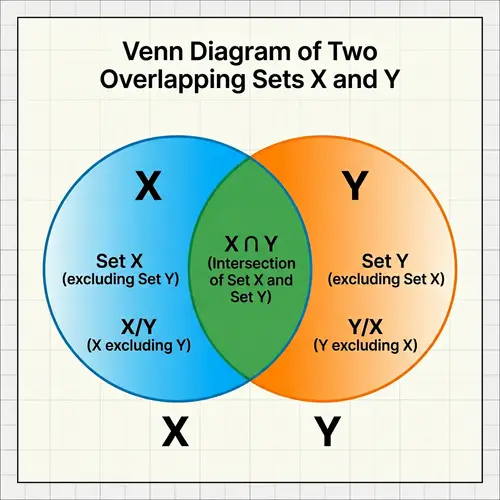 Venn Diagram of Set X and Y with Intersection Y/X U X/Y