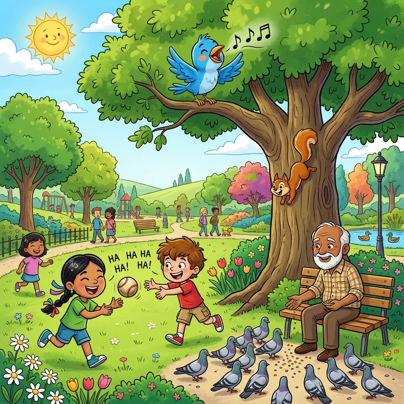 Sunny Park: Playful Bird, Squirrel & Kids Cartoon Sunny Park: Playful Bird, Squirrel & Kids Cartoon