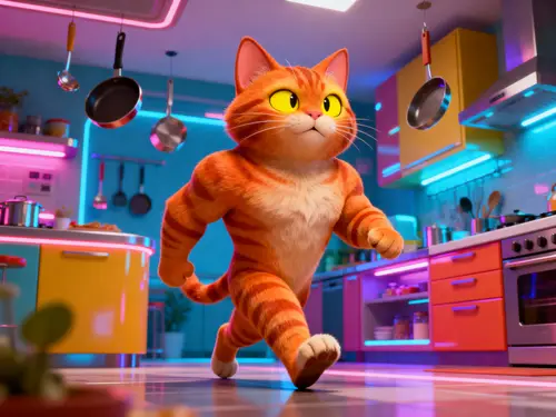 Playful 3D Cartoon Cat in Futuristic Kitchen