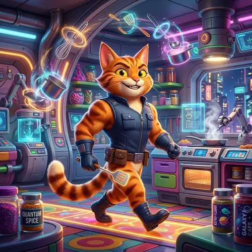 Playful 3D Cartoon Cat in Futuristic Kitchen