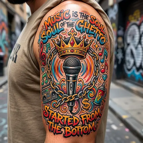 Colorful Arm Tattoo Design: Stylized Mic & Rap Elements