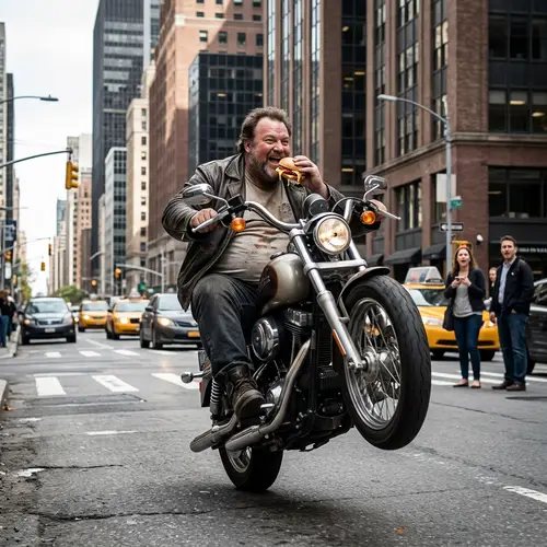 Overweight Man Performing Wheelie on Motorcycle with Hamburger