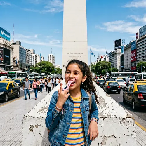 Latina Girl Enjoying Bubblegum at Buenos Aires Obelisk
