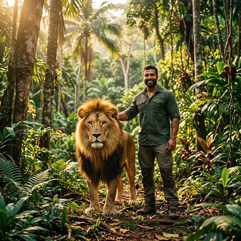 Majestic Lion and Adventurous Man in Vibrant Jungle