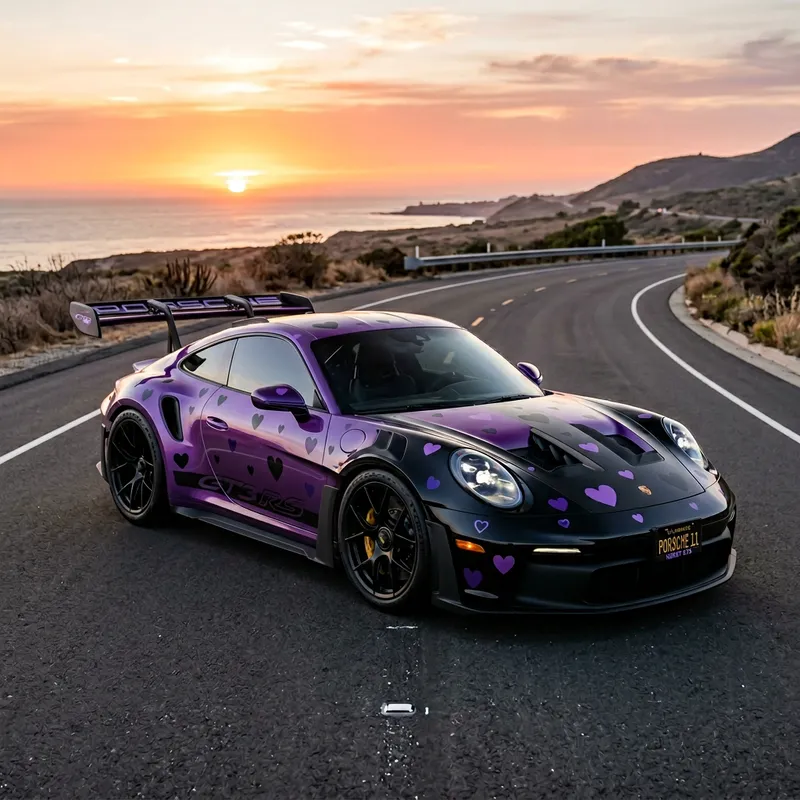 Sleek Black & Purple Porsche 911 GT3 RS with Hearts